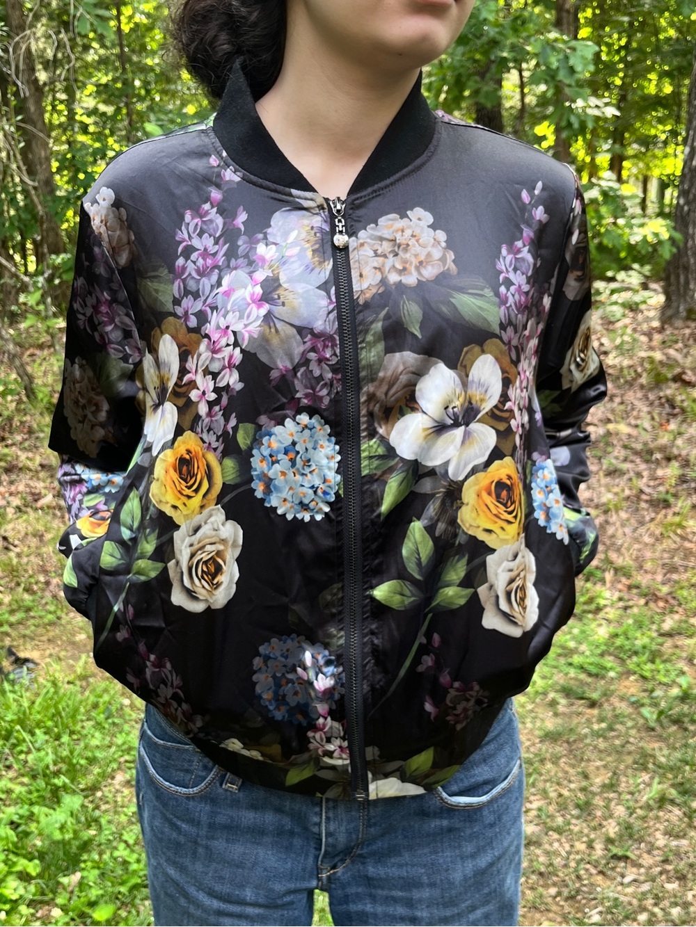 Cristina Black Floral Bomber Jacket